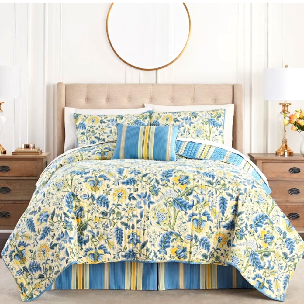 NWT Waverly Imperial Dress Jacobean 100% Cotton Twin Quilt Set -Quilt Sham Skirt